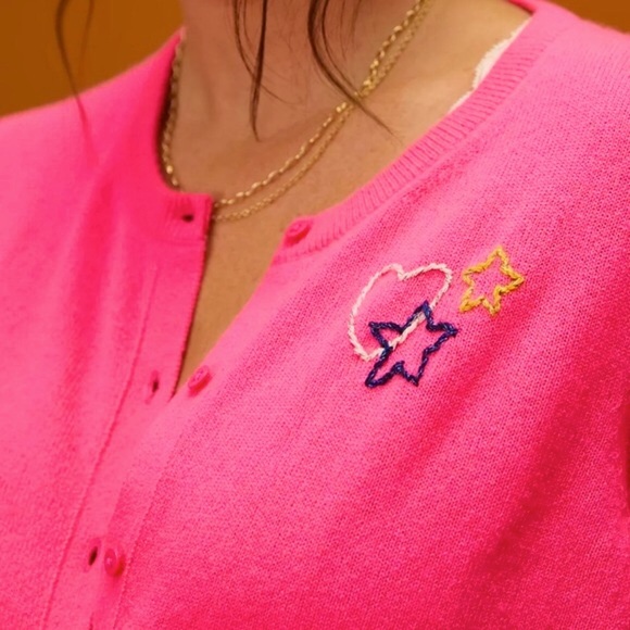 White + Warren x Anthropologie Starry Cashmere S Pink Embroidered Cardi Cardigan - Picture 5 of 9